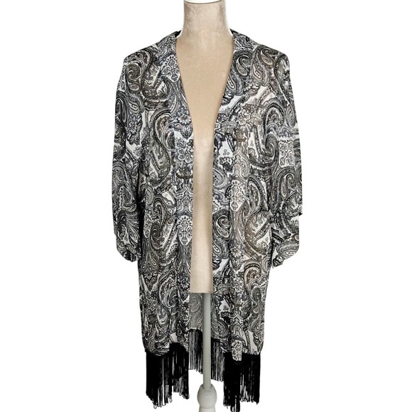 Womens Open Kimono Cover‎ Up Black Paisley Fringed Boho Beach Unbranded Pool - Picture 1 of 11